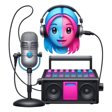 Create a vibrant and modern emoji that represents pop or stage vocal performance. The design should feature a high-quality microphone, a stage monitor, and a sound mixing console to symbolize the professional setup used in pop vocals. Add elements like studio headphones or a soundboard with sliders to reflect the technical side of live performances. Use energetic colors like neon pink, electric blue, and silver to convey the dynamic, high-energy nature of pop and stage singing. The background should be transparent. sticker