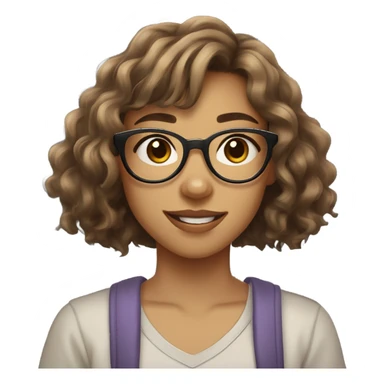 A 14-year-old girl with light brown glasses, nose piercings (ball on the left, ring on the right), wavy brown hair with bangs, light skin, normal features, and her Brazilian mixed-breed dog beside her. sticker