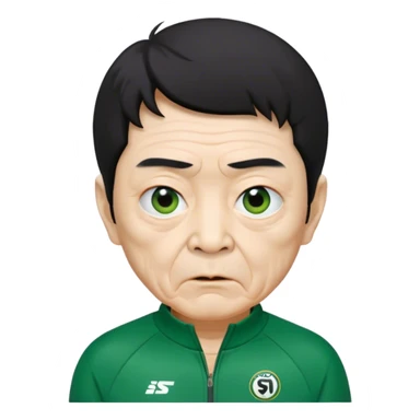 Seong Gi-hun : age 80, skinny and bony face, very small mouth, thick eyebrows deep eyes, unkempt black hair , Green player tracksuit. sticker
