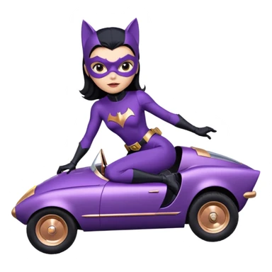  proportionally correct, real-appearance racing adult BatGirl’s feminine midnight-purple tight outfit sixty’s tv show 2032 stealth retro cat burglar sporty petite off-road pursuit hovering black hover-car rose gold accents (black hair,reclined and relaxed seating position and attitude) sticker