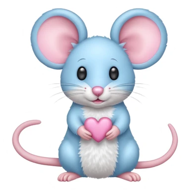 A small, light blue, fuzzy toy mouse with pink ears and a pink nose sticker