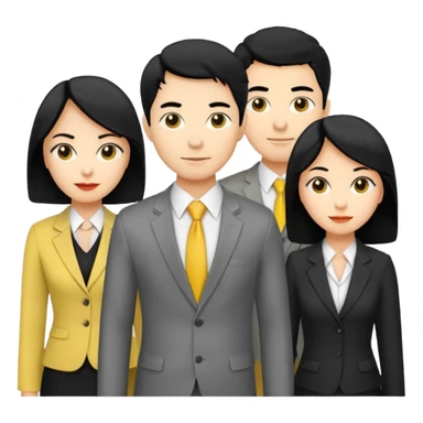 4 people, two man and two women,yellow skin office style,black hair, Half-body photo sticker