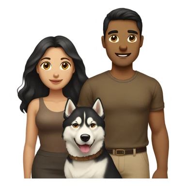 A couple man and woman Both have dark hair, with in the middle of them. A Husky. Golden beige sticker