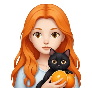 A long-haired girl holding a black cat and an orange cat sticker