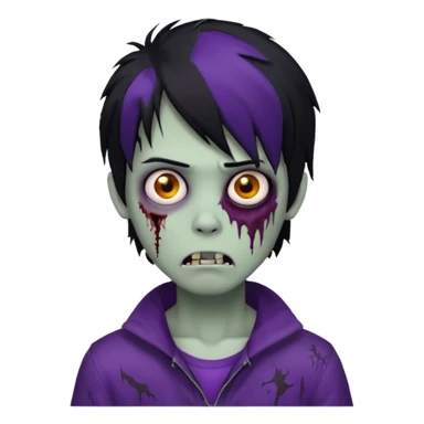 Boy, zombie, black hair, medium long, emo, shaggy, dark, spooky, creepy expression, purple skin sticker