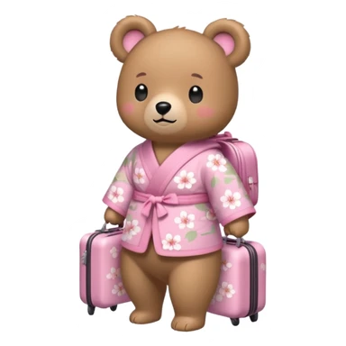 A cute light-brown bear wearing a pastel pink sakura-patterned kimono, normal balanced body ratio.  
Pulling a small suitcase with cheerful excited eyes, backpack on the back, ready for a trip.  
Kawaii emoji style, minimalistic clean sticker illustration, white background. sticker