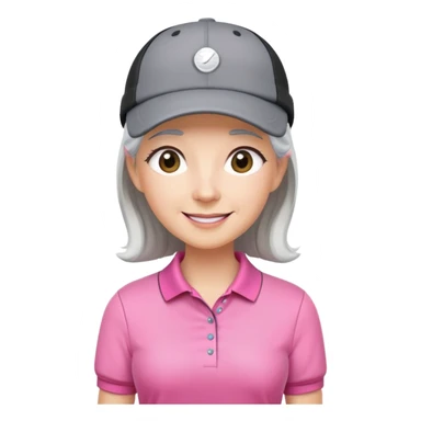 A happy female golfer with gray hair, pink polo shirt, a black skort, white cap sticker