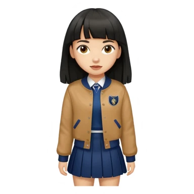 hair : black long hair with fringe 
skin : light 
cloth : brown varsity jacket + navy long long school girl skirt 


 sticker