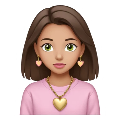 Create a teen girl wearing a light pink sweatshirt. She will have brunette hair, tan skin, pink lips, and grey-green eyes. She has long eyelashes. She is wearing gold stud earrings and a gold necklace with a heart-shaped pendant. sticker