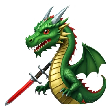 green dragon head with medieval sword above, sword with classic knight's hilt and wide blade, simple bold details, transparent background sticker