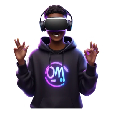 Happy student wearing a black hoodie with "OMG" letters on it and VR headset oculus quest 2 in a cyberpunk VR environment with violet neon lighting. sticker