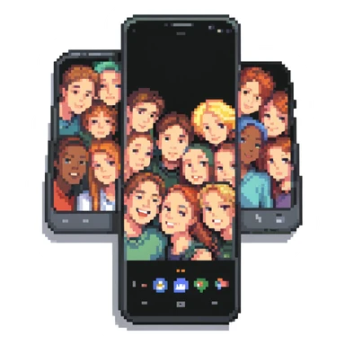 Y2K folder phone, open, showing a group selfie on the screen sticker
