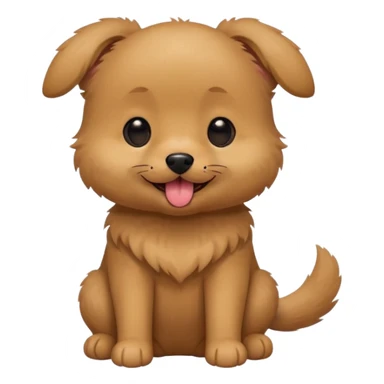 Cute small brown fluffy dog emoji icon. Round face, short muzzle, light brown fur with slightly darker ears, small black nose, happy smiling expression with tongue out. Soft friendly eyes, sitting pose with front paws together. Simple clean vector style, minimal details, kawaii style. sticker