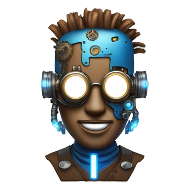 Brown cyborg head with blue Mohawk, blue beard, silver steampunk monocle goggles a smile and circuits sticker