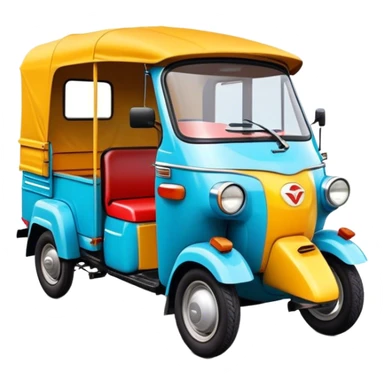 Cinematic Realistic Tuk Tuk Emoji, depicted as a vibrant iconic three-wheeled vehicle with bold colors and a compact design, rendered with crisp textures and dynamic urban lighting that captures its quintessential Thai charm. sticker