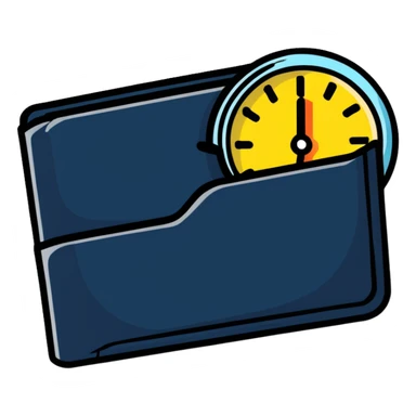 wallet with a zooming clock with motion blur in top right corner, clock with speed streaks, speedometer-style clock showing fast service sticker