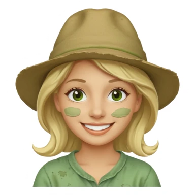 messy green clay mask and tourist hat blond woman  smiling and clay mask on full face sticker