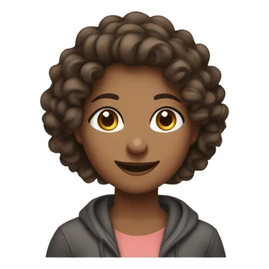 a woman saying hey! with a smile and a wave with a cute outfit on. long curly hair, brown eyes, brown skin, in leggings and a hoodie sticker