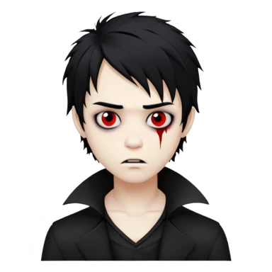 vampire boy with messy black hair, emo style, medium length, eerie and unsettling face sticker