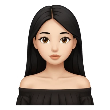 A realistic 3D avatar of a young woman with a soft oval face, slim cheeks, natural almond eyes, long straight black hair, minimal makeup, wearing a black off-shoulder top, elegant and aesthetic, brown skintone, add nosepin at left side.  sticker