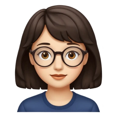 Koyu renk, dağınık dalgalı saçlı, kısa kahküllü, yuvarlak gözlüklü ve büyük kahverengi gözlü bir genç kadının yüzünü gösteren emoji tarzı illüstrasyon. Hafif bir gülümseme veya tatlı bir sırıtış ifadesi var. Cilt tonu açık. sticker