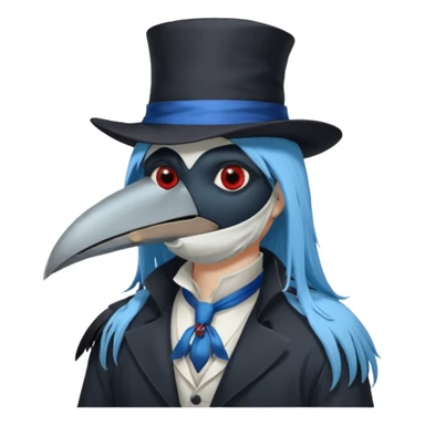 Plague Doctor with light-blue beautiful hair, handsome sexy, long hair tendril bangs down on the sides, white lab coat, blue cravat, black feathers on shoulder, raven companion, black gloves, red eyes sticker