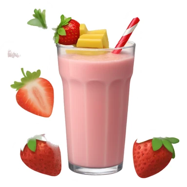 A strawberry banana smoothie with a orange straw sticker