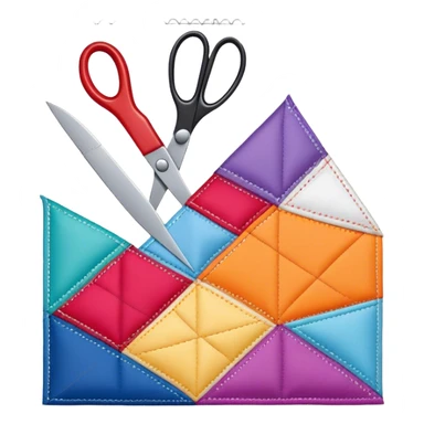 Patchwork icon, colorful quilt with sewn-together fabric pieces, visible stitching, scissors, thread, and sewing needles, minimalistic style, clean lines, transparent background. sticker