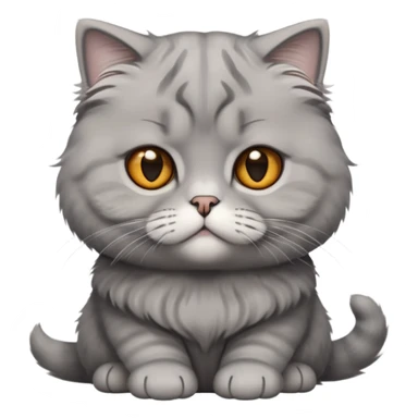 Cinematic-Fluffy-Grey-Scottish-Fold-Cat-Portrait-Emoji – Head tilted cutely with big, sparkling amber eyes, soft solid grey fur, and signature small folded ears pressed gently against its round head, simplified yet irresistibly adorable features, highly detailed, glowing with a soft and warm charm. sticker