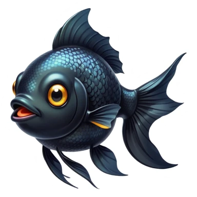 Cinematic Cute Black Goldfish Portrait Emoji, Head tilted playfully and inquisitively, featuring a glossy, deep black body with shimmering scales and round, sparkling golden eyes filled with curiosity, Simplified yet irresistibly adorable features, highly detailed, glowing with a warm, friendly glow, high shine, affectionate and lively, stylized with a touch of whimsy, bright and endearing, soft glowing outline, capturing the essence of a mischievous yet loving goldfish, so playful it feels like it could swim out of the screen and into your heart! sticker
