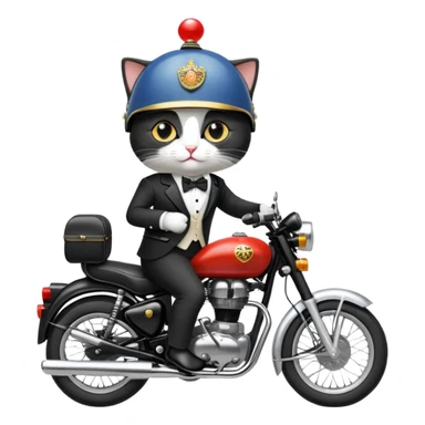 A tuxedo cat riding a royal enfield bike sticker