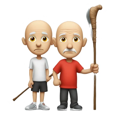 A very old man. Bald. Holds a walking stick. Wearing a marathon runner outfit. Has a thinking bubble above his head with his toddler son, and a red X to show that he doesnt like his son sticker