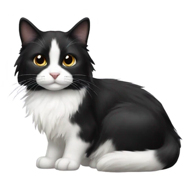 Long haired black and white tuxedo cat with black nose and black chin sticker
