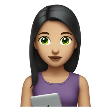 A girl with an iPad with medium-length dark hair and green eyes sticker