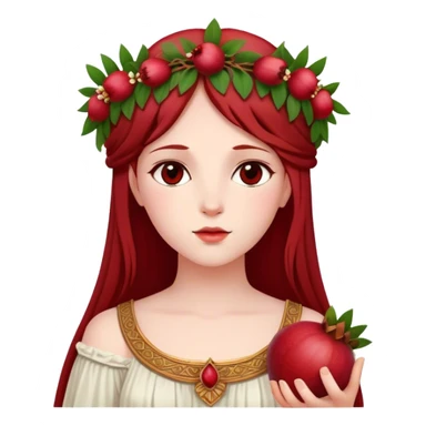 In Greek mythology, Persephone is often depicted as a young goddess with fair skin and dark red, straight hair. She is typically shown wearing a wreath of flowers and holding a pomegranate, symbolizing her connection to the Underworld sticker