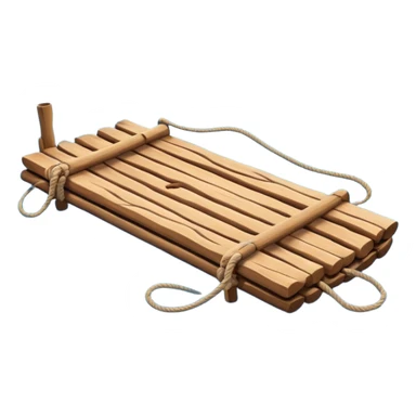 showing a simple wooden raft floating on calm blue water — made of several brown logs tied together with rope — gentle ripples around it — bright, cheerful lighting and soft shadows — minimalist, clean emoji design sticker