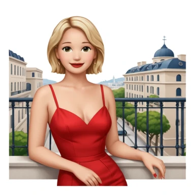 jennifer lawrence, red dress leaning on a balcony with a harbor and cityscape in the background, smiling, closeup sticker