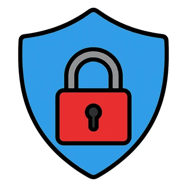 IT security icon with a blue #02aff4 shield and a red #ee1b24 padlock, detailed, modern, white background, strong contrast, icon style sticker