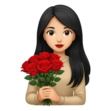 A girl with long black hair holding a bouquet of roses sticker