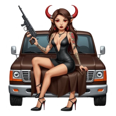 Lilith model red eye sexy black  devil horns.  long brown haired sexy succubus woman with leather long dress slit, sitting in Big Large F350 pickup truck. Black Platform high heels on feet. Tattoo sleeve arms, dead human skull of her ex skull is on top of stack of cash and a gun in  hand sticker