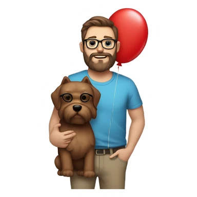 Heavy caucasian young dad, with a big brown beard and black rectangle glasses and brown hair he’s holding a red balloon animal shaped like a dog sticker