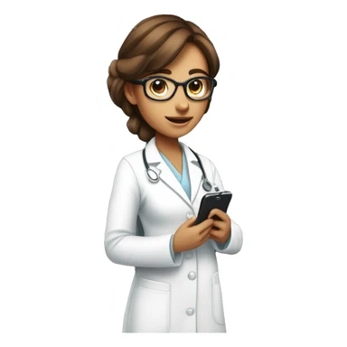 Administrator of the reproductive health office, a girl with brown hair, wearing glasses with notebooks and a phone in her hands. In a white medical gown sticker