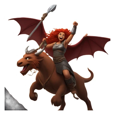 Viking red head dragon queen with a slain Viking solder with a man bun standing on a dragon flying over a volcano in a beautiful sky sticker
