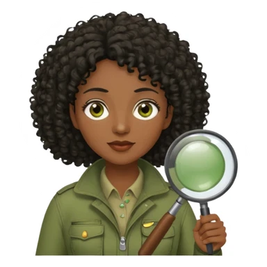 dark skin curly black haired middle-aged woman in moss green explorer outfit, holding magnifying glass sticker