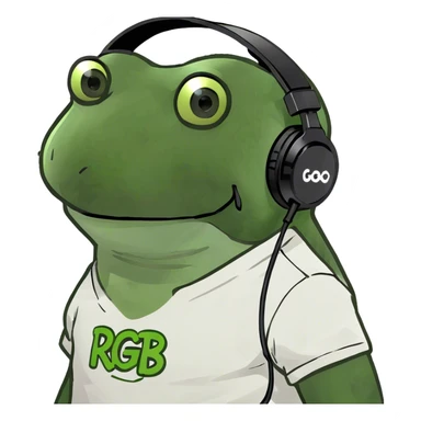 wearing an RGB gaming headset, wearing a shirt sticker