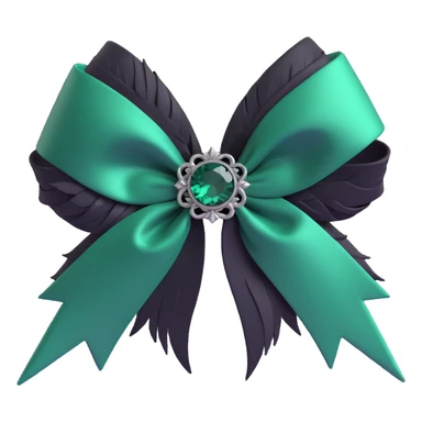 3D emoji gothic bow, dark emerald satin, silver filigree, and black feather accents sticker