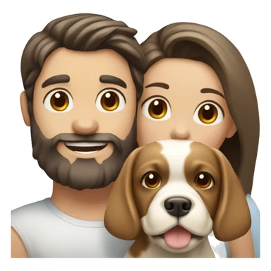 Brunette happy couple boy with beard and girl  with long hair with one cute beige French bull dog  sticker