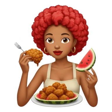 A black woman eating fried chicken and watermelon sticker