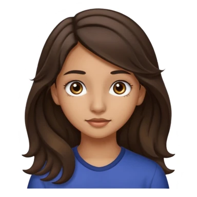 Create a emoji of a girl teen (14 years old) with dark brown hair and a little bit lighter brown in the end of the hair (but mixed) and waves in the hair, long hair, with MEDIUM FAIR TO OLIVE skin tone, dark brown eyes, perfect nose, long eyelashes sticker
