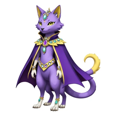 Kawaii cute Violet Yellow Black beautiful pretty elegant divine edgy feline-vernid-sergal-Fakémon-Pokémon-Digimon-fursona-animal-creature, full body, with intricate detailed markings, Embroidered capelet, Gem-studded horn ring sticker